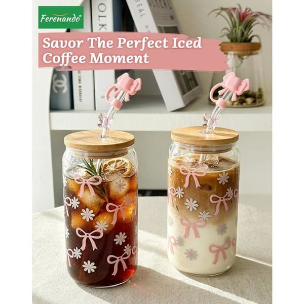 Set med 2 Bubble Tea-glas 500 ml - Rosa borosilikatglas med lock och sugrör - Matcha-kopp för kaffe