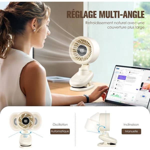 Mini USB-bordventilator med genopladeligt batteri, oscillation, timer, trinløst justerbar hastighed