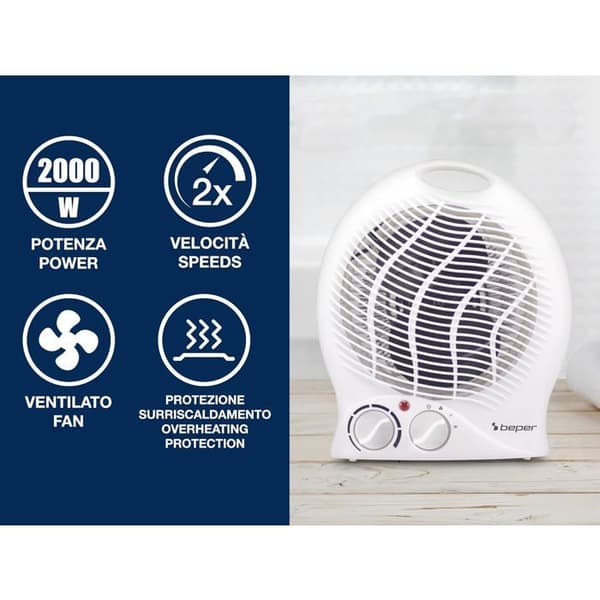 Vifteovn - 1 enhet - Hvit - 2000W - Justerbar termostat - Baderom