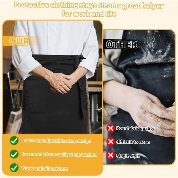 Halvkokkeforklæde - 1 Stykke - Polyester - 4 Lommer og Lange Bindebånd - Til Restaurant, Cafe, BBQ - 7