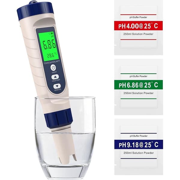 5-i-1 pH-måler, pH, TDS, EC, salinitet, termometer, pool-pH-tester med baggrundsbelyst LCD-skærm og temperaturkompensation