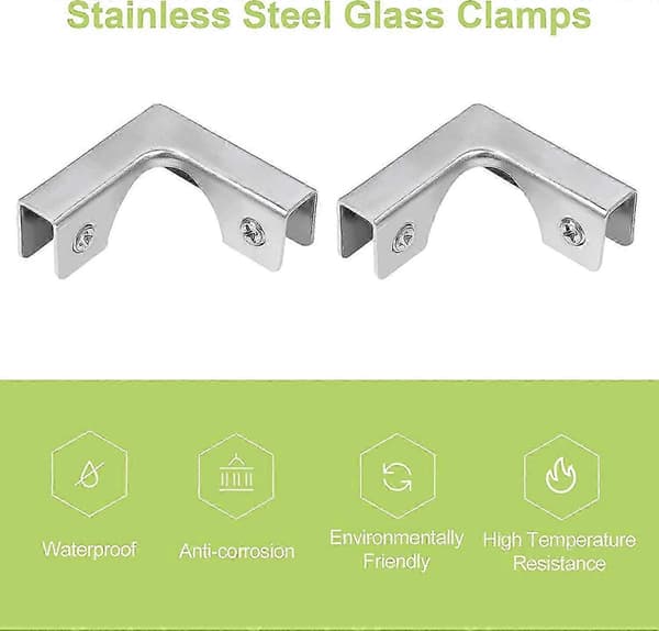 Glasklemme, 4 stk. L-formede glasforbindere i rustfrit stål, til 8-10 mm glas