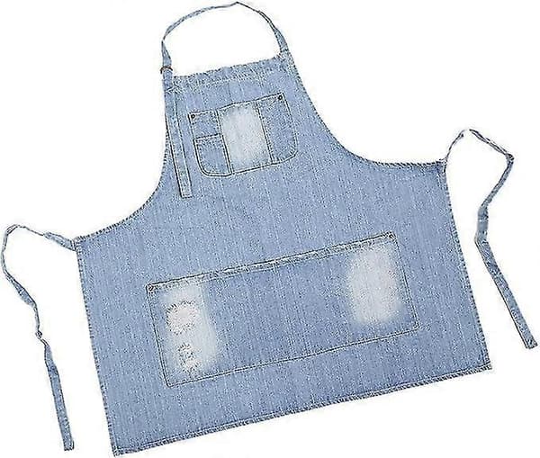 Denimförkläde, Unisex Justerbart Haklappsförkläde med Fickor för Matlagning Kök Kort Wathet Blåsvart
