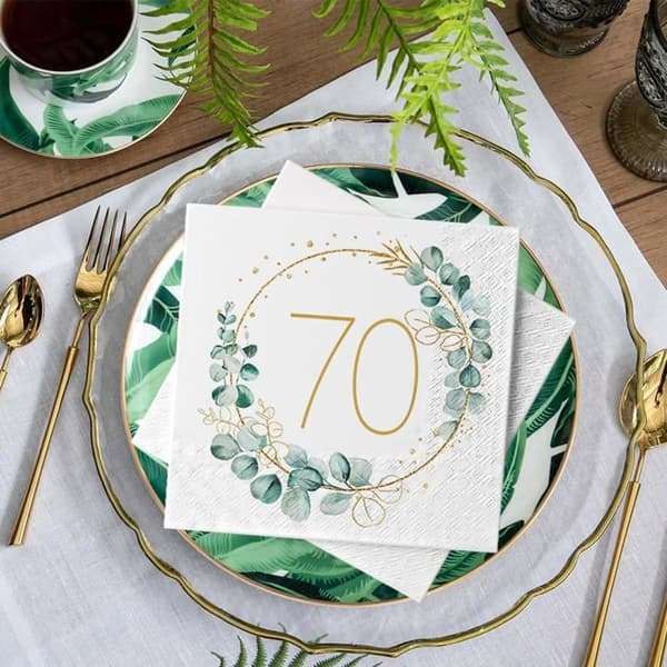 Papirservietter - 40 Stykker - Eukalyptusgrønn - 70-årsdag Trykk - Borddekorasjon for Menn og Kvinner