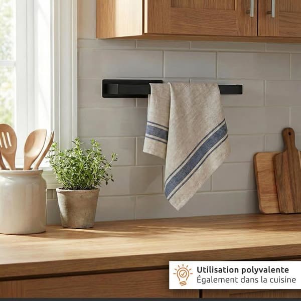 Sort Håndklædestang - 1 Styk - 304 Rustfrit Stål - Klæbende Montering Uden Boring - Badeværelse og Køkken - 38 cm