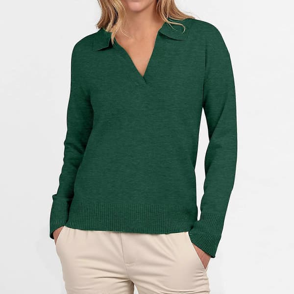 Dame Polo Hals Langærmet Basic Strikket Pullover Grøn L Green L