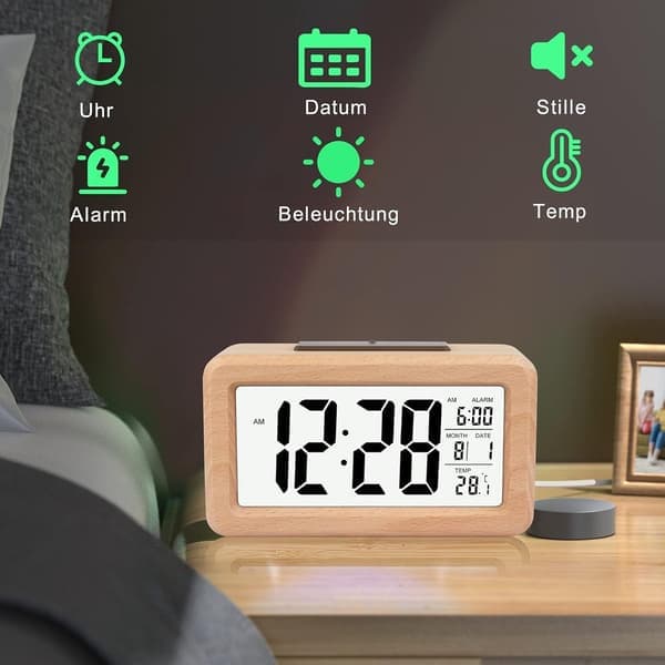 Digital väckarklocka i trä Stor display Temp Datum Nattlampa Snooze Tyst sovrum [Ho]