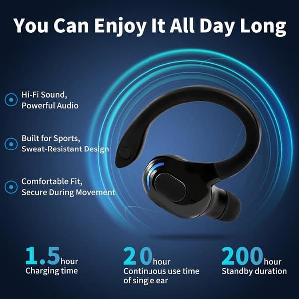 Mono Bluetooth Headset - 1 stycke - Öronkrok - Brusreducerande mikrofon - 20h batteritid - Svart
