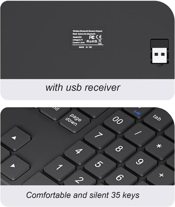 Bluetooth-nummerblok, 2.4G Numpad Numpad, 35 taster, genopladelig finansiel regnskabsblok til bærbar computer (sort) [Ho]