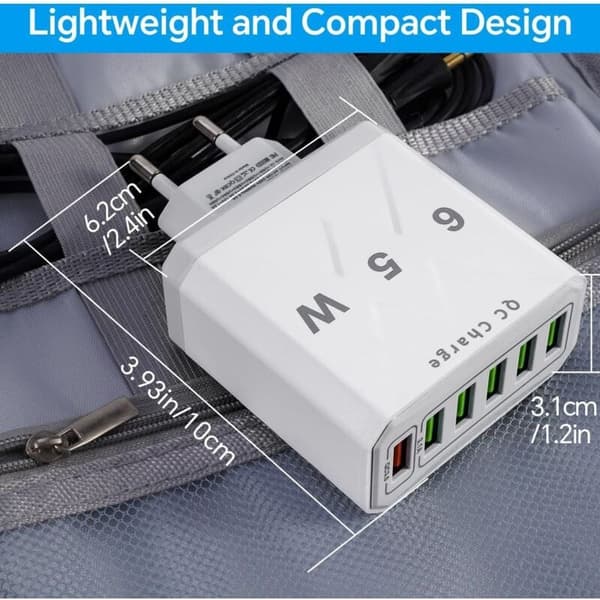 Multi-USB-oplader, 65W 6-ports USB-hurtigoplader med QC 3.0 Smart hurtigoplader, Universal USB-A strømadapteroplader til 15 Pro Max, 14