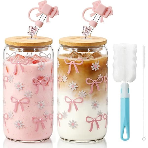 Set med 2 Bubble Tea-glas 500 ml - Rosa borosilikatglas med lock och sugrör - Matcha-kopp för kaffe