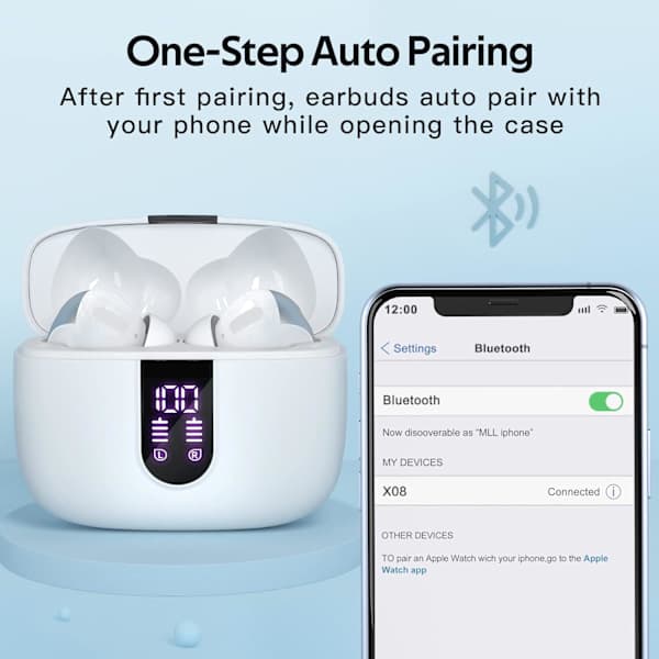 True Wireless Bluetooth-hörlurar – 60 timmars speltid, LED-strömdisplay, trådlöst laddningsfodral, IPX5 – Vit White