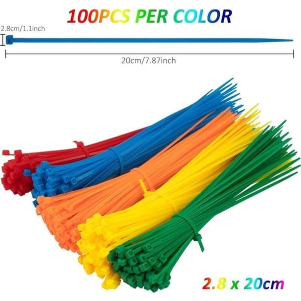 500 Stykker Farvede Plastikkabelbindere 200mm x 2.8mm Selvlåsende Nylon Elektriske Kabelbindere til Havekabelstyring