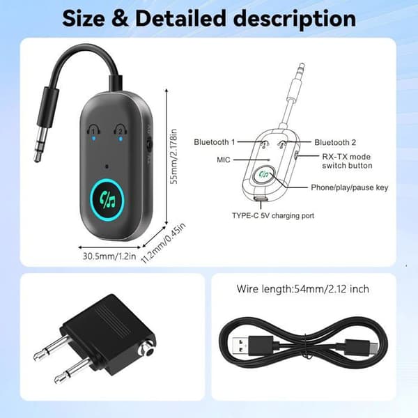 Bluetooth 5.3-adapter - 2-i-1 sender/mottaker - 3,5 mm jack - Doble hodetelefoner - TV PC Bil A