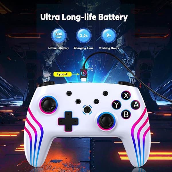 Trådløs Pro Controller til Switch/Switch 2/Lite/OLED/PC – Med 7-farvet RGB-belysning og dobbelt vibration, hvid
