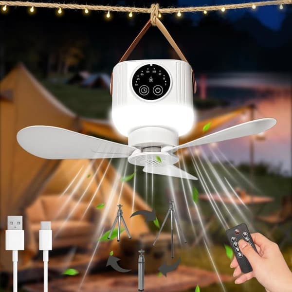Campingventilator med lys, ventilator med foldbart stativ, loftventilator med lys og fjernbetjening, 3 hastigheder
