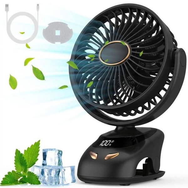 USB-klemmeventilator, LED-display, 5 hastigheder, lydsvag, 90° roterende bordventilator, bordventilator, til camping