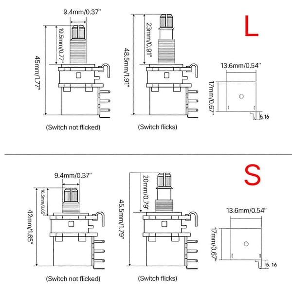 A250K B250K A500K B500K Mini Switch Potentiometer Linjär Konisk Potentiometer Delad Axel Gitarrkontroll Push Potentiometer Set short game B500
