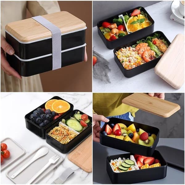 1400 ml Bento Box - 2 lag - Fødevaregodkendt PP - Mikrobølgesikker - Skole/Arbejde - Sort