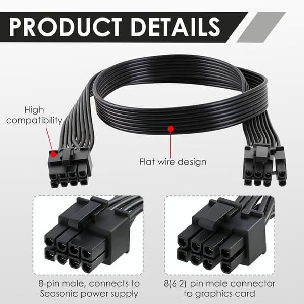 8-pin til PCIe 6+2 GPU strømkabel - 1 enhet - Fortinnet kobber - Fleksibel flat - For strømforsyning