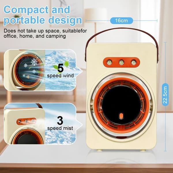 Stille Befugtningsventilator, Mini Bærbar Aircondition, USB Bordventilator med 5 hastigheder og Timer, Genopladelig-A