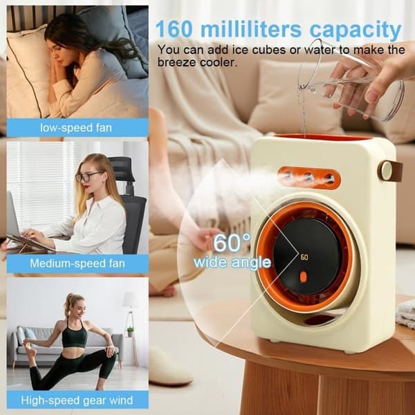 Stille Befugtningsventilator, Mini Bærbar Aircondition, USB Bordventilator med 5 hastigheder og Timer, Genopladelig-A