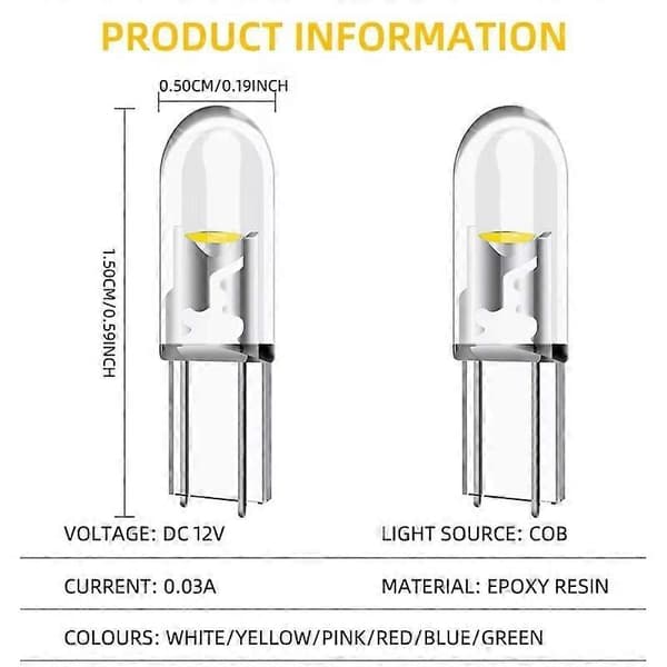 T5, blå, COB, LED, 10-pakning, 12V Blå