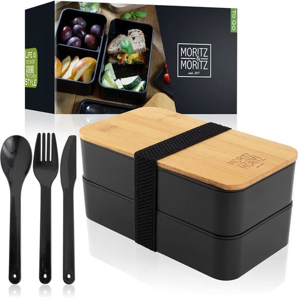 Bento Box - 2 nivåer - Plast och Bambu - Mikrovågssäker - Arbete och Skola - Svart