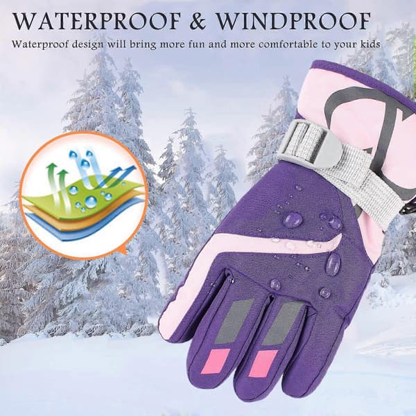 Vinter ski votter for gutter og jenter, varme og vanntette for barn Purple S