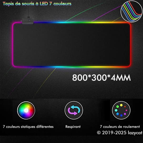Gaming musematte - LED - 800x300mm - Sklisikker - 10 lysmoduser - Naturgummi
