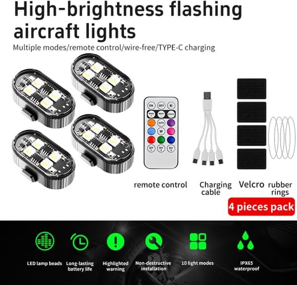 Blinkende lys IPX65 vanntett oppladbart supersterkt 10 moduser 9H batteri 4 stk [Ho]