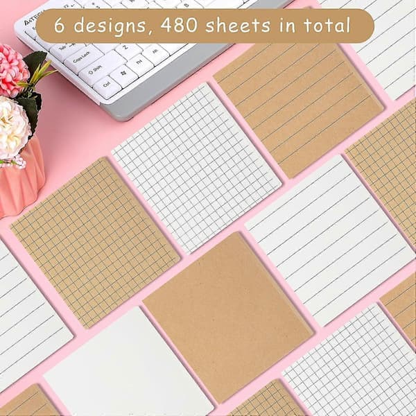 Kraft Sticky Notes – 6-pack 480 ark 7.6x7.6cm självhäftande linjerade memolappar i kraftpapper
