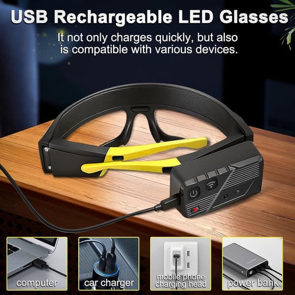 Oppladbare LED-briller med bevegelsessensor - 5 moduser, USB-C, håndfri lys for løping og camping (2-pakning)
