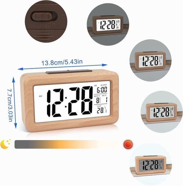 Digital väckarklocka i trä Stor display Temp Datum Nattlampa Snooze Tyst sovrum [Ho]