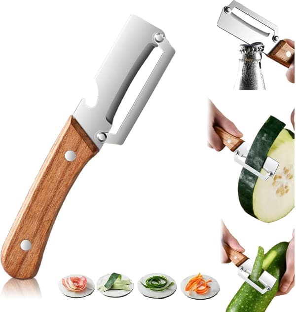 Grønnsaksskreller Trehåndtak Rustfritt Stål Blad Multifunksjonell med Flaskeåpner [Ho]