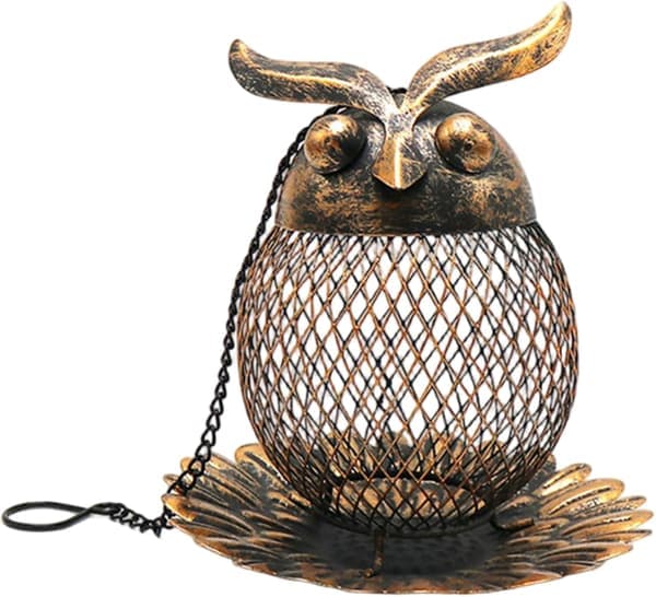 Fuglefoderhus i metal, 15 cm ugleformet hængende fuglefoderhus med hul krop og bundbakke. Let at genopfylde sort udendørs fuglefoderhus. (Ho)