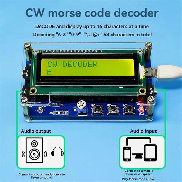 Oppgradert CW Morse Code Decoder Ferdig+Kabinett med Digital LCD CW Trainer Morse Code Decoder Kit