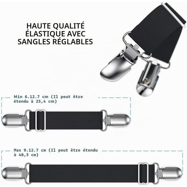 Stræklagenholdere - Sæt med 4 - Sort - Justerbar elastisk strammer - Holder sengetøj på plads - 17 til 25 cm