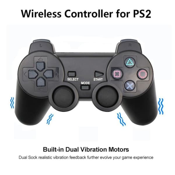 Trådløs spilcontroller dobbelt vibration 2,4 GHz lav latens fjernbetjening spilcontroller til PS2 sort