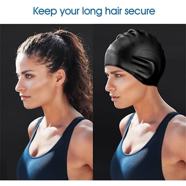 Badehette (svart), silikon unisex badehette, langt hår, ZQKLA