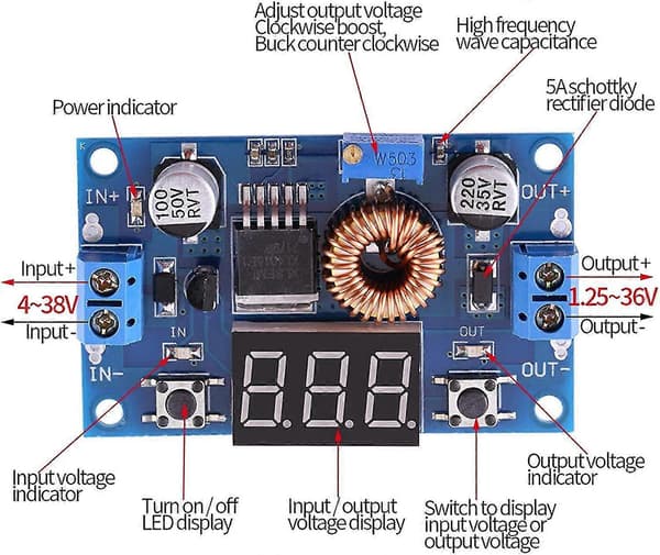 DC-til-DC-modul, DC-DC-omformer spenningsregulator nedtrappingsmodul (1 stk, blå)