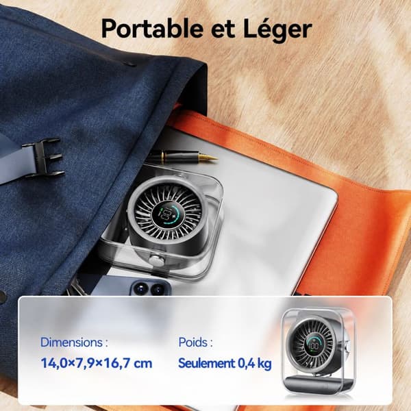 Genopladelig USB-bordventilator, støjsvag, turbo-luftstrøm, 100 hastigheder, digitalt display, 90° rotation – sort