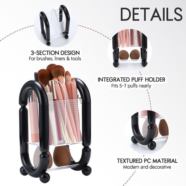Makeupbørsteholder Plast Kosmetik Organizer Flere rum til børster Puffs Sort [Ho]