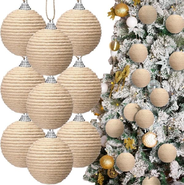 Julekuler 9 stk 6 cm Boho Farmhouse Jute Burlap Rustikk Trekrans [Ho]