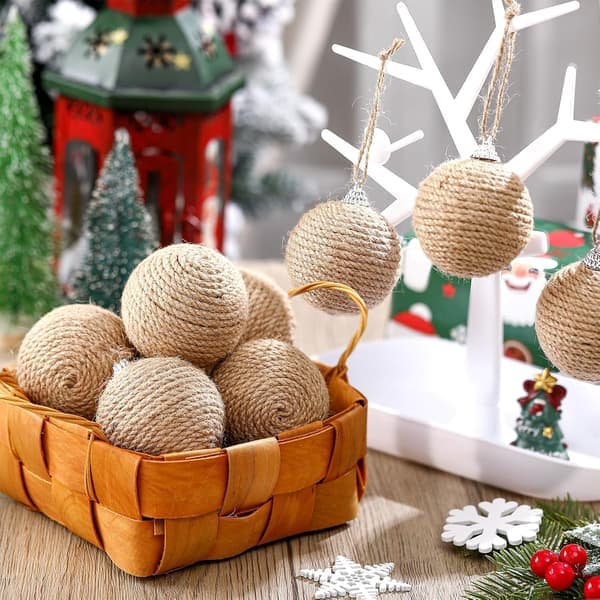 Julekuler 9 stk 6 cm Boho Farmhouse Jute Burlap Rustikk Trekrans [Ho]