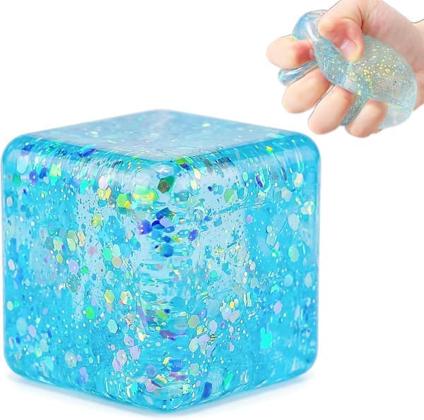 Squishy Blå Terning Sukker Stressbold Fidget Legetøj Glitter Sensorisk Angstdæmpende for Børn Voksne [Ho]