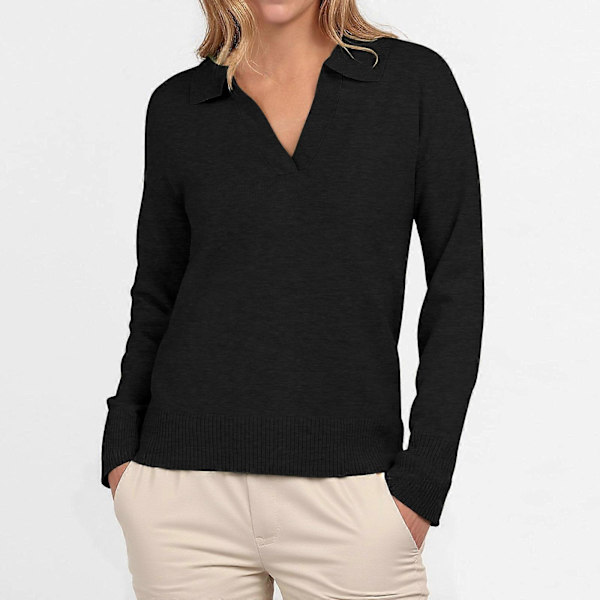 Dame Polo Hals Langærmet Basic Strikket Pullover Sort S Black S