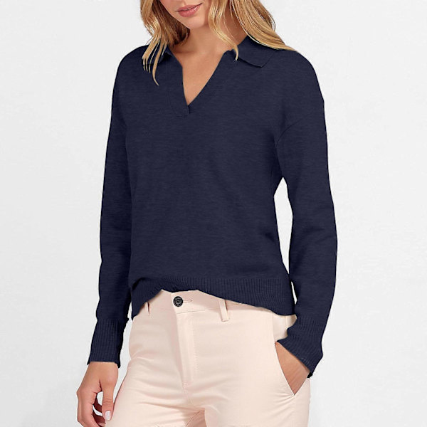 Dame Polo Hals Langærmet Basic Strikket Pullover Sort L Black L