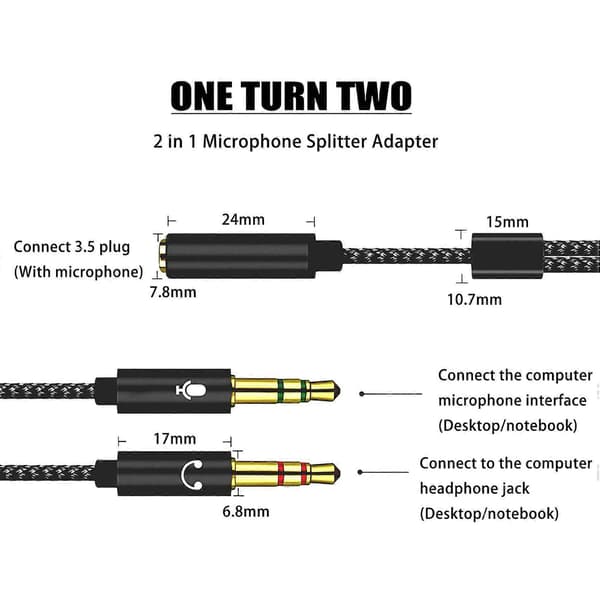3,5 mm stereo lydstikadapter, headset mikrofon Y-splitteradapter, til PC PS4 Xbox One computer, hovedtelefoner-0,5 m