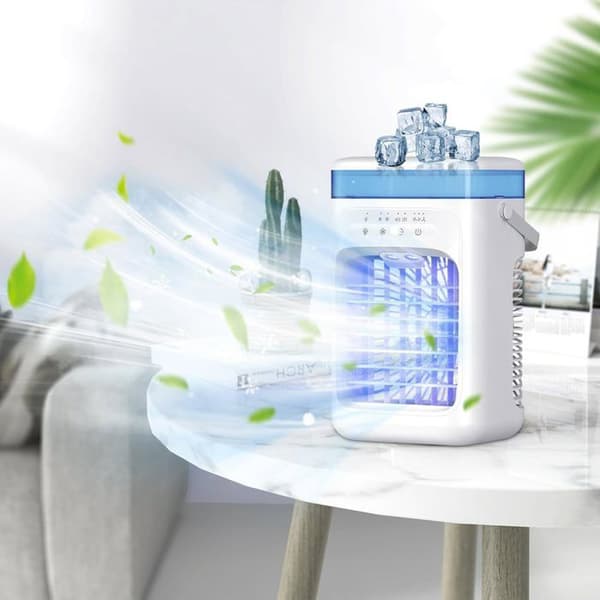 Mini bærbar klimaanlegg (ingen ventilasjon nødvendig), luftkjøler, multifunksjonsvifte (3 moduser, 2 tåkeinnstillinger, 2/4H timer, LED)